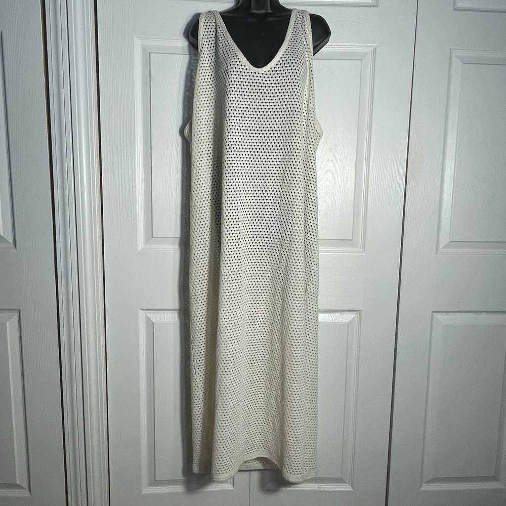 H&M Swim Coverup Maxi Dress Women XXL Beige‎ Open Knit Sheer V Neck Sleeveless